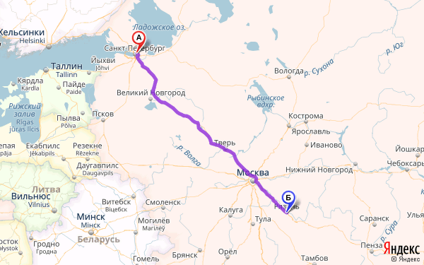 Маршрут из Санкт-Петербурга в Рязань