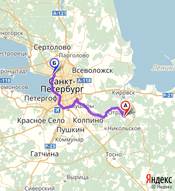 Маршрут из 45 км Автодороги Санкт-Петербург-Пскова в Санкт-Петербург