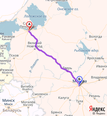 Маршрут из Санкт-Петербурга в Москву