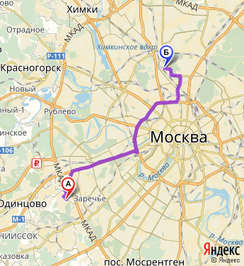 Маршрут из Рабочего посёлка Заречье в Москву
