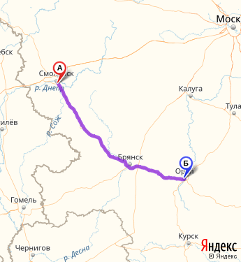 Маршрут из Смоленска в Орла