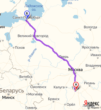 Маршрут из Тулы в Санкт-Петербург