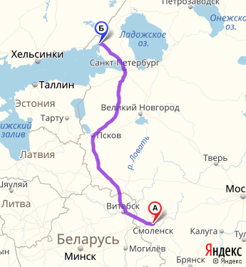Маршрут из Смоленска в Выборг