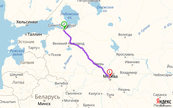 Маршрут из Москвы в Санкт-Петербург