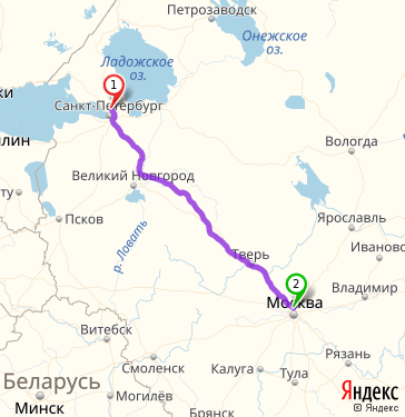Маршрут из Санкт-Петербурга в Москву