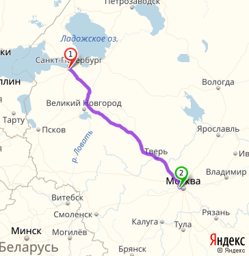 Маршрут из Санкт-Петербурга в Москву