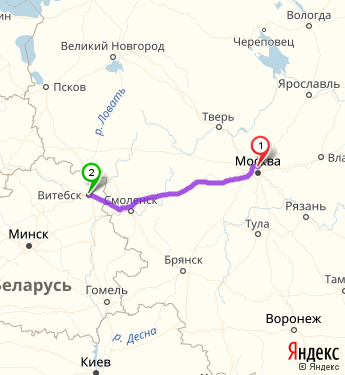 Маршрут из Москвы в Витебска