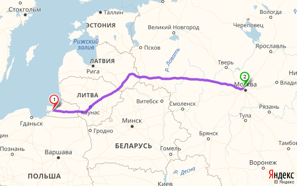 Маршрут из Калининграда в Москву