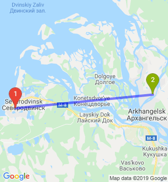 Маршрут из Северодвинска в Архангельск