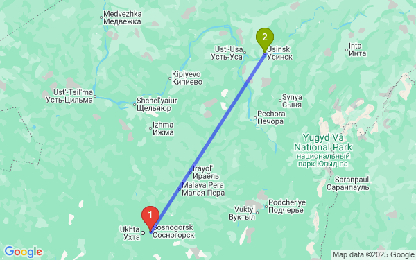 Маршрут из Сосногорска в Усинск