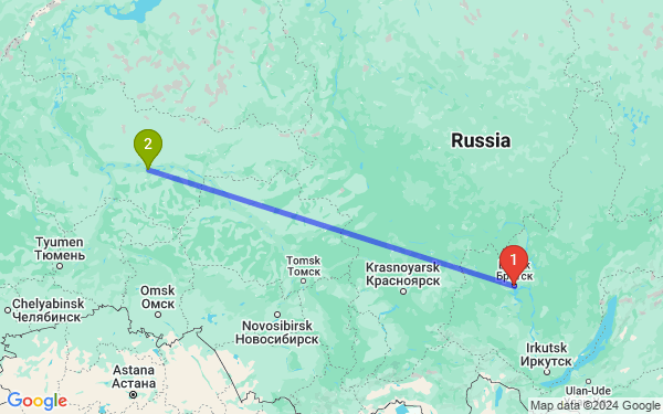 Маршрут из Братска в Нефтеюганск  (Ханты-Мансийский авт. округ)