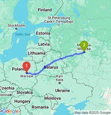 Маршрут из Варшавы в Москву