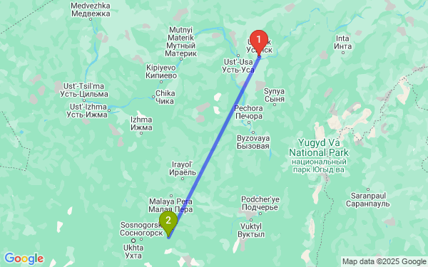 Маршрут из Муниципальный округ Усинск в Сосногорск муниципальный район