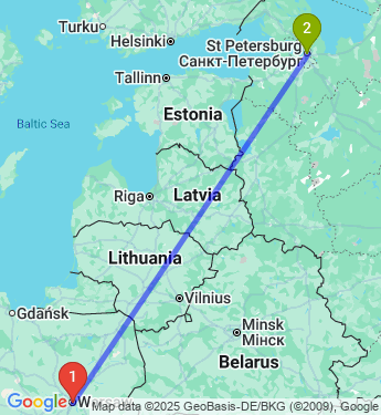 Маршрут из Варшавы в Санкт-Петербург