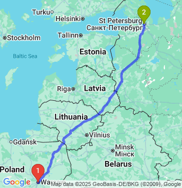 Маршрут из Варшавы в Санкт-Петербург