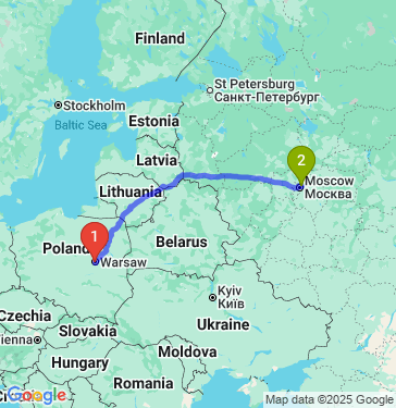 Маршрут из Варшавы в Москву