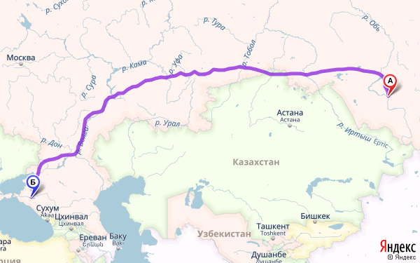 Маршрут из Барнаула в Краснодар