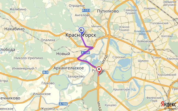 Маршрут из 62 км автодороги Москвы-Дубны в Красногорска