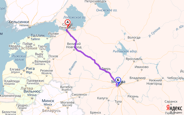 Маршрут из Санкт-Петербурга в Москву
