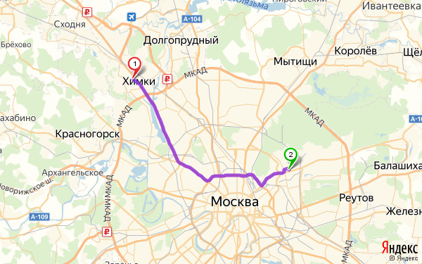 Маршрут из Химок (центральных Федеральных округ) в Москву