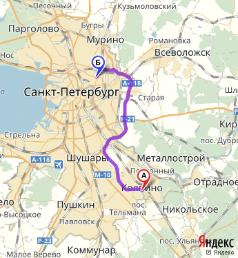 Маршрут из Колпина в Санкт-Петербург